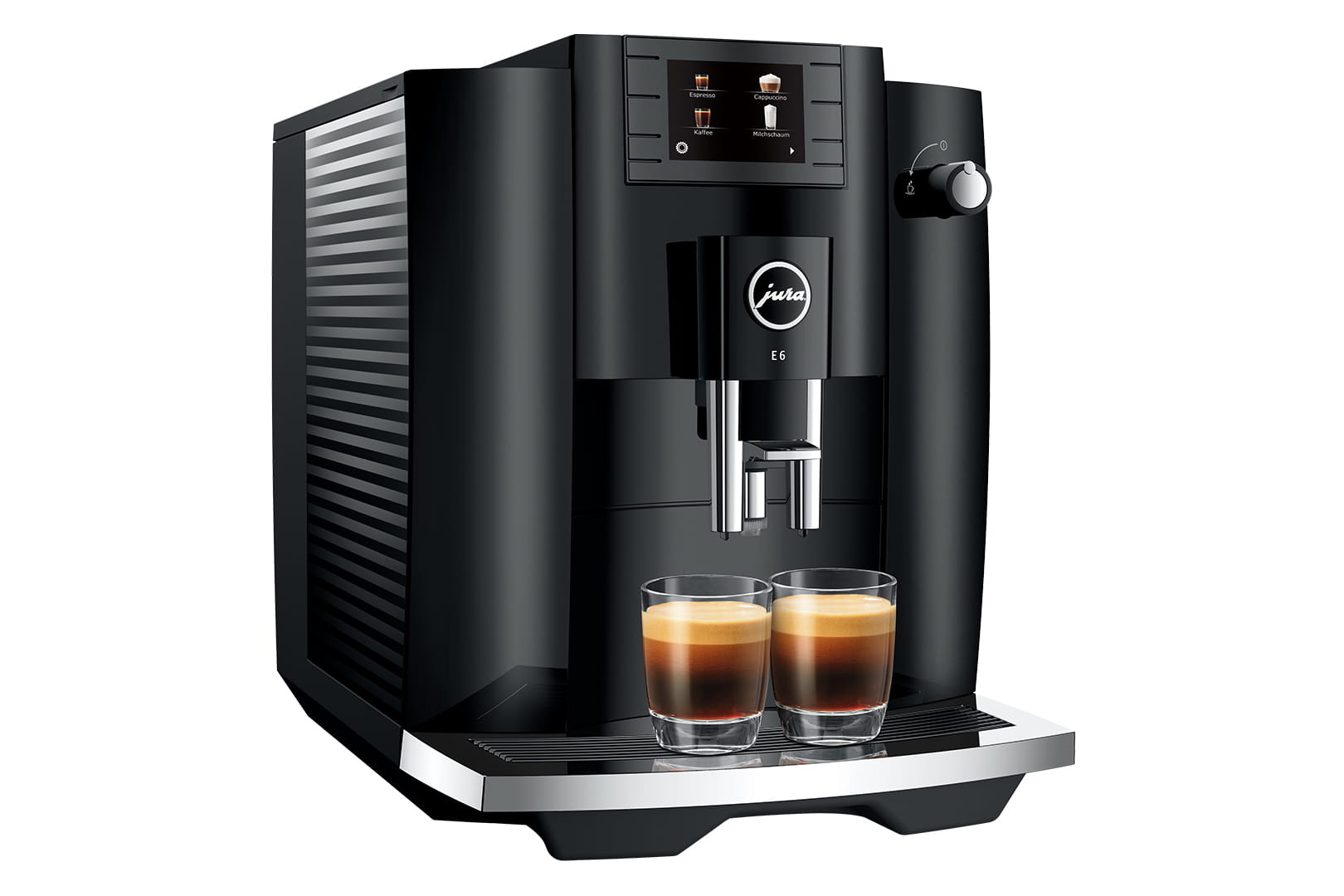 Jura E6 Kaffeevollautomat in Piano Black – Dreiviertelansicht mit zwei Espresso