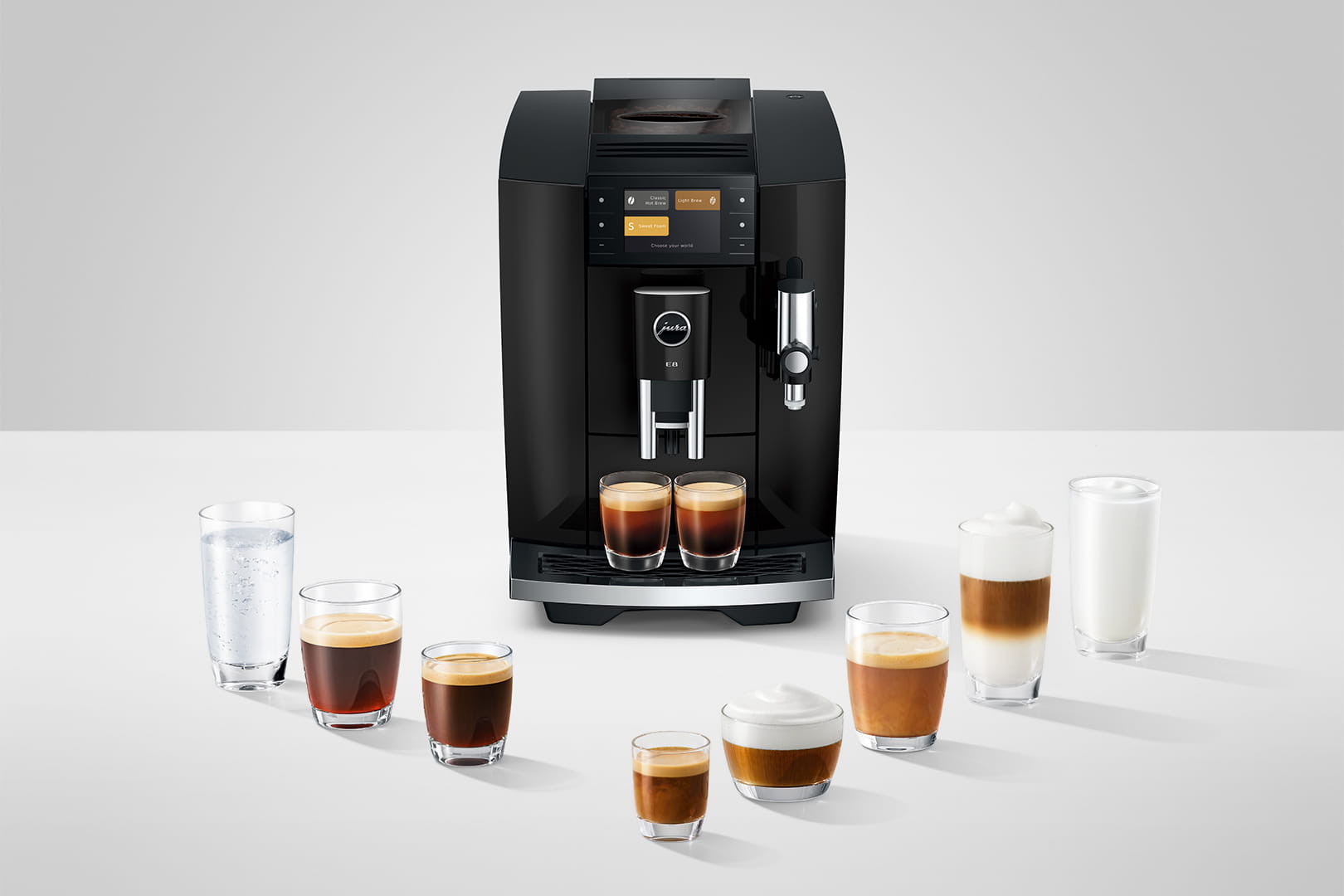 Jura E8 mit der Vielfalt von 27 Kaffeespezialitäten