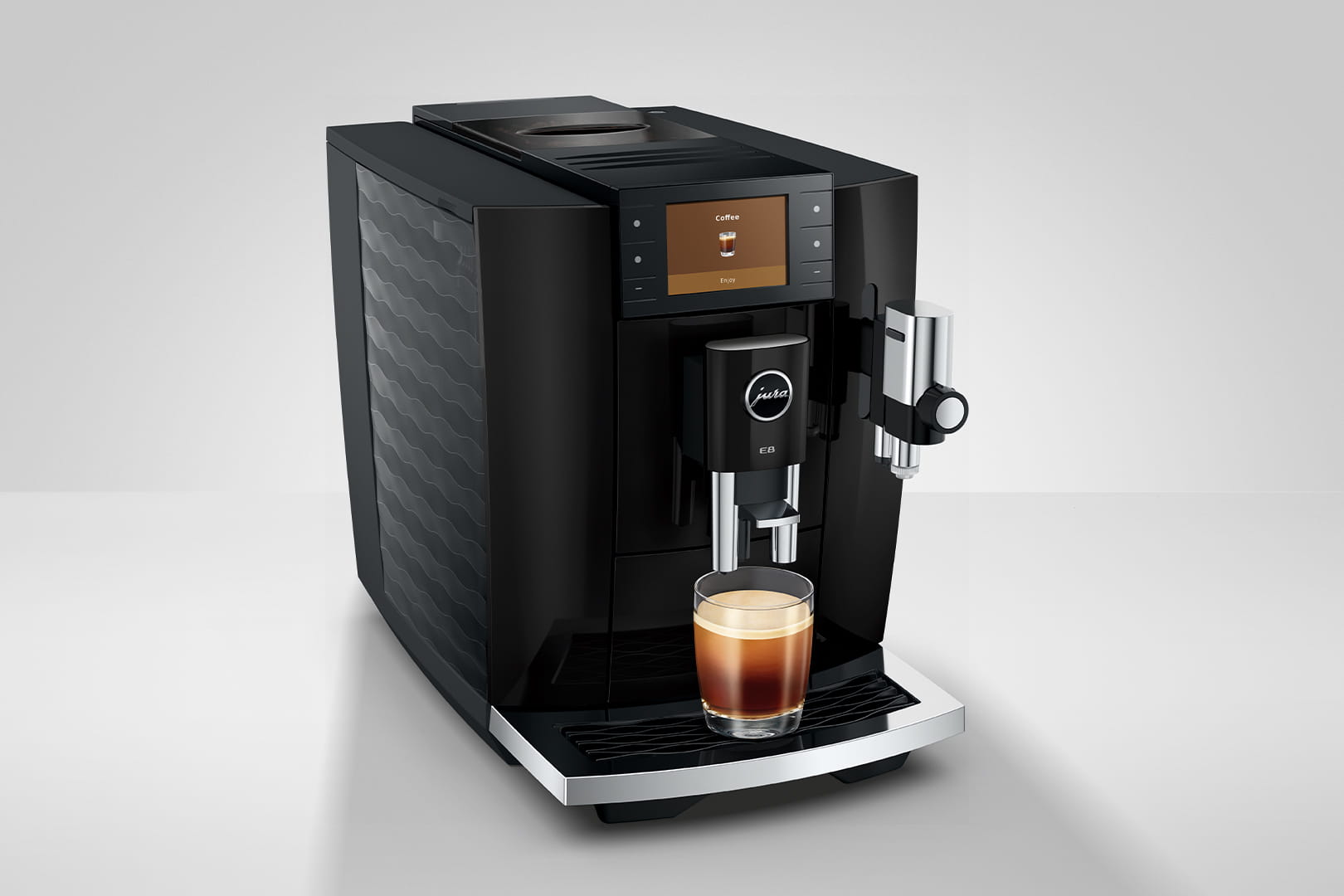 Jura E8 Kaffeevollautomat – Seitenansicht Piano Black
